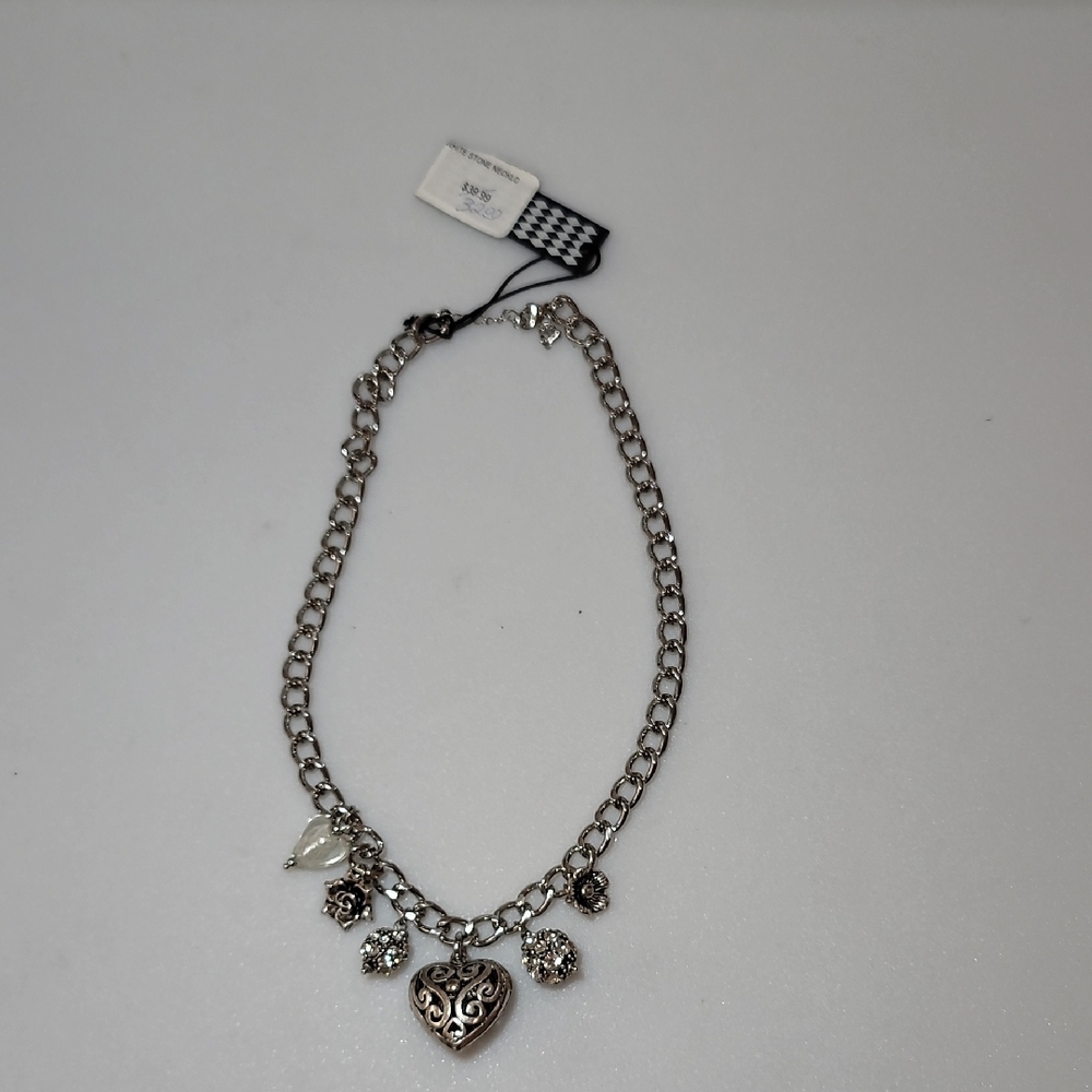 NEW Silver Tone Heart Charm And White Stone Flowers Necklace - Costume Jewelry